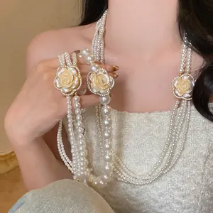French Style Rhinestone Camellia Flower Artificial Pearl Necklace Elegant Multi Layer Sweater Chain Luxurious Jewelry For Women