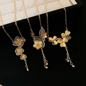 Chinese Style Flower Tassel Pendant Necklace Women Gold Plated Copper Hollow Floral Clavicle Chain Jewelry Elegant Gift