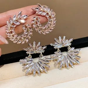Sparkling crystal wheat ear and floral stud earrings with silver needles for women