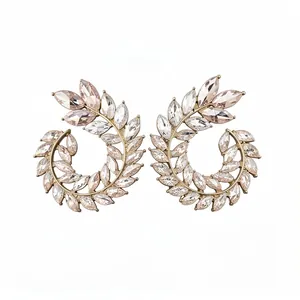 Elegant gold-tone wheat ear stud earrings with marquise-cut rhinestones