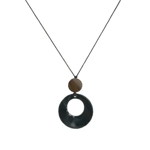 Vintage ethnic style long sweater chain with hollow round resin and wood bead pendant