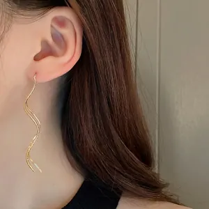 Elegant 18k gold plated wave spiral long ear wire earrings for women minimalist style