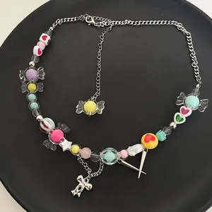 Colorful Y2K candy beaded necklace with silver bow pendant and heart charms for women