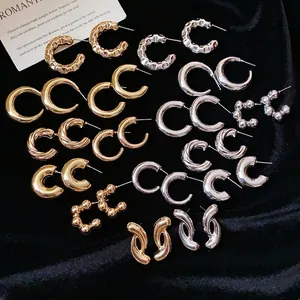 Minimalist C-Shaped Hoop Stud Earrings For Women Fashionable Geometric Gold Silver Plated Alloy Earring With Silver Earring Post Jewelry