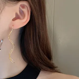 Detailed view of real gold plated wave spiral ear threader earrings for women