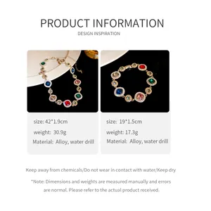 Vue détaillée de la parure collier et bracelet avec cristaux colorés et dimensions