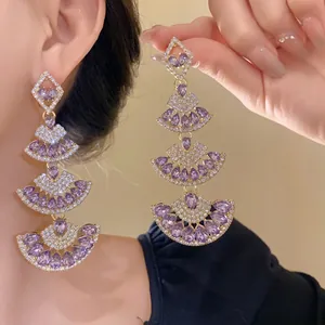 Elegant luxury lavender fan-shaped drop earrings with sparkling rhinestones for women