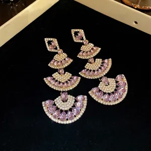 Luxury tiered fan-shaped drop earrings with lavender rhinestones and silver needles