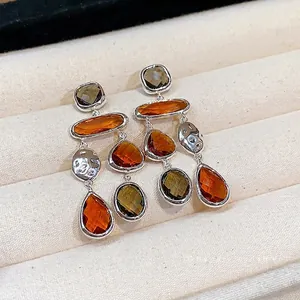 Luxurious vintage amber teardrop dangle earrings with silver needle hooks for women