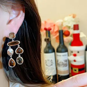 Elegant vintage waterdrop glass dangle earrings with silver needle studs for women