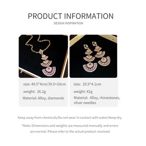 Detailed product information view of fan-shaped pendant necklace and earrings jewelry set