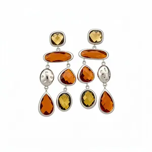 Vintage geometric drop earrings with amber glass teardrop pendants in silver finish