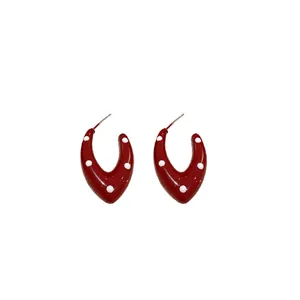 Elegant vintage red polka dot teardrop hoop earrings with steel needle for women