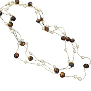 Collana retrò a più fili con occhio di tigre e perle stile Maillard