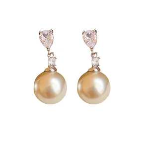 Elegant zircon and champagne pearl drop earrings with silver needles for women gift