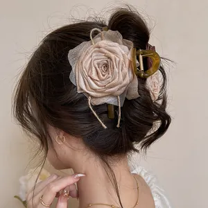 Maillard Maillard Acrylic Flower Hair Claw Clip Elegant 3D Satin Rose Hairpin With Pearl Tassel Retro Hair Accessories For Women