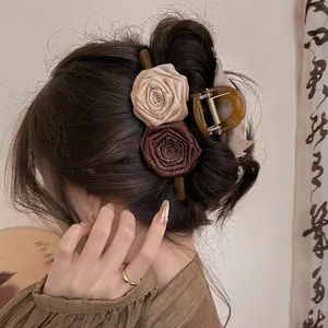 Elegant Maillard style brown fabric rose flower hair claw clip for chic hair styling