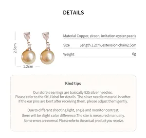 Detailed size and material specifications of elegant pearl drop earrings with zircon studs