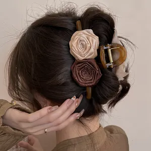 Elegant Maillard style hair claw clip with double fabric rose flower design