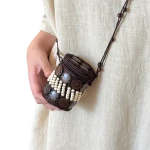 Ethnic style handmade coconut shell mini bag necklace with long wooden bead cord