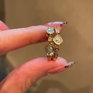 Vintage Copper Zirconia Double Layer Open Ring For Women Retro Round Print Coin Index Finger Ring Light Luxury Jewelry