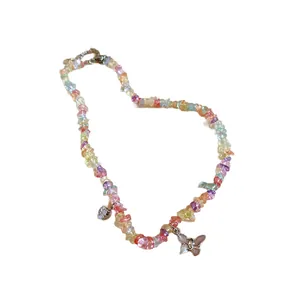 Handmade colorful natural stone beaded necklace with a cute butterfly pendant charm