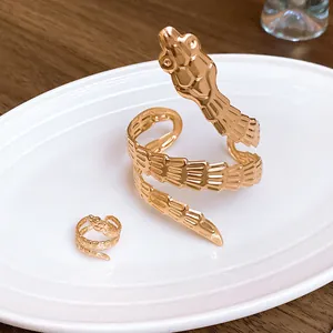 Detailed view of a golden titanium steel snake ring and matching bangle set.