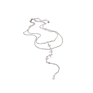 Elegant stainless steel double layered necklace with zircon star charms and long tassel