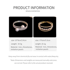 Product information for triple-layer rhinestone pearl bracelets in gold and silver tone