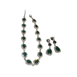 Elegant emerald green waterdrop necklace and earring set with sparkling rhinestones