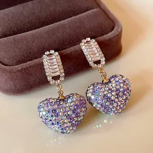 Boucles d'Oreilles Pendants Coeur Doux Pour Femmes Européen Violet Strass Zirconia Incrusté Cuivre Tige en Argent Bijoux Fête