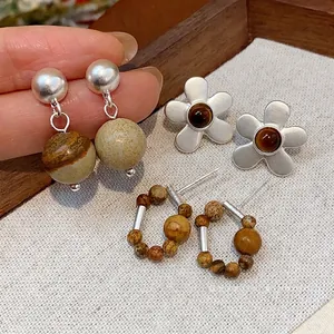 Vintage 925 Sterling Silver Earring Post Beaded Round Patchwork Stud Earrings Stone Flower Drop Earrings For Women Jewelry Gift
