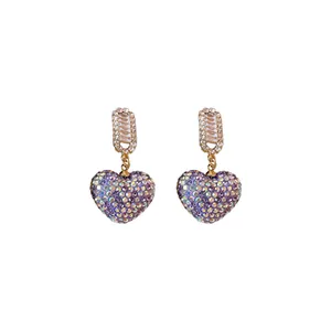 Boucles d'oreilles pendantes cœur en strass violet et zircons, style élégant et chic