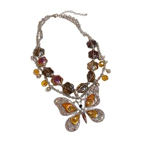 Vintage rhinestone butterfly multilayer necklace with amber floral beads in silver finish