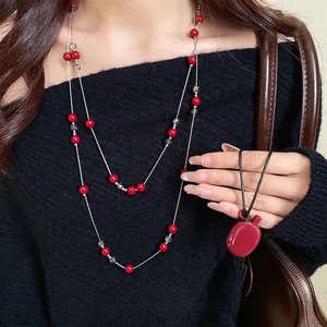 Vintage Red Glass Kettle Pendant Necklace Set Beaded Sweater Chain Alloy Synthetic Leather Cord Fashion Jewelry For Women