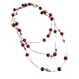 Vintage multi-strand long sweater chain necklace with red and clear crystal beads for women