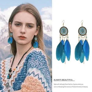 Ethnic Bohemian style long pendant earrings with blue layered feathers and geometric studs
