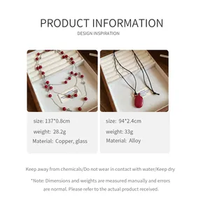 Product details for retro red bead necklace and flask pendant leather cord jewelry
