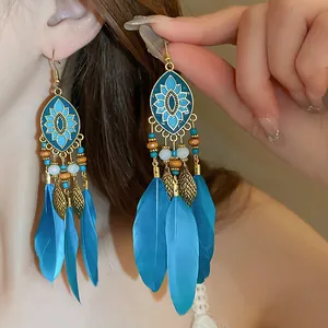 Primer plano de pendientes boho de plumas azules con dijes de loto y hojas