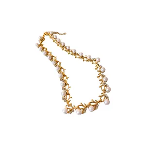 Elegant gold necklace with faux pearls and sparkling rhinestones for chic women
