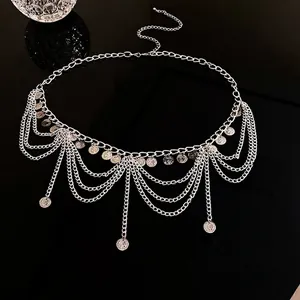 Catena da vita con nappe in argento stile bohémien con pendenti a moneta per donna