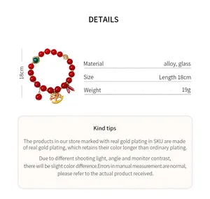 Detailed view of red beaded bracelet with rocking horse charm showing size and weight