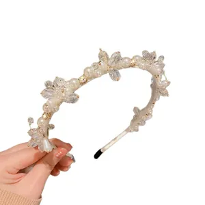 Serre-tête élégant style français de luxe avec perles et fleurs en cristal pour femme