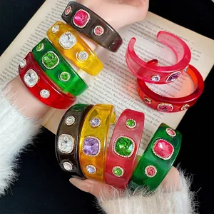 Vintage Resin Rhinestone Open Bangle For Women Smudged Gradient Geometric Cuff Bracelet Elegant Fashion Hand Jewelry Gift