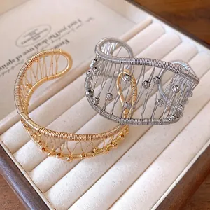 Elegant French retro woven hollow mesh open cuff bracelets in gold and silver finish