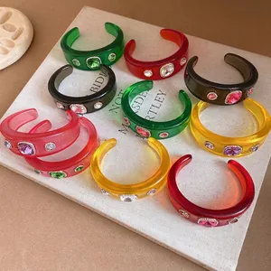 Chic colorful resin open bangles with sparkling rhinestone accents for women