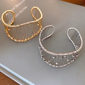 Exquisite French vintage woven hollow mesh open cuff bracelets in gold and silver finish