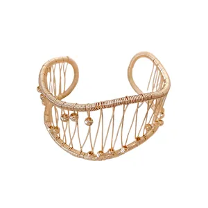 Vintage French hollow woven grid open cuff bracelet in gold finish