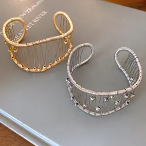 French vintage woven hollow grid open cuff bracelets in elegant gold and silver