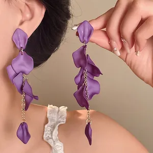 Bohemian purple petal tassel drop earrings for women elegant vacation style jewelry
